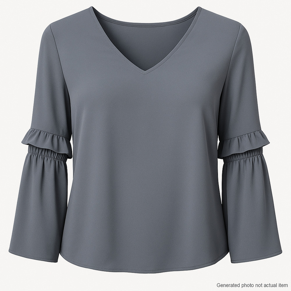 Gray Ruffle Sleeve V Neck Blouse Flowy Workwear Minimalist Top Small Loft